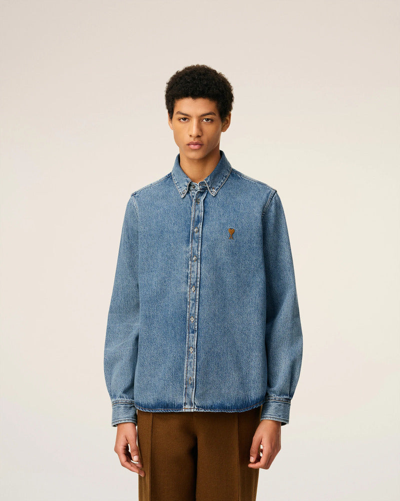AMI - Chemise Ami de coeur en Denim Bleu usé