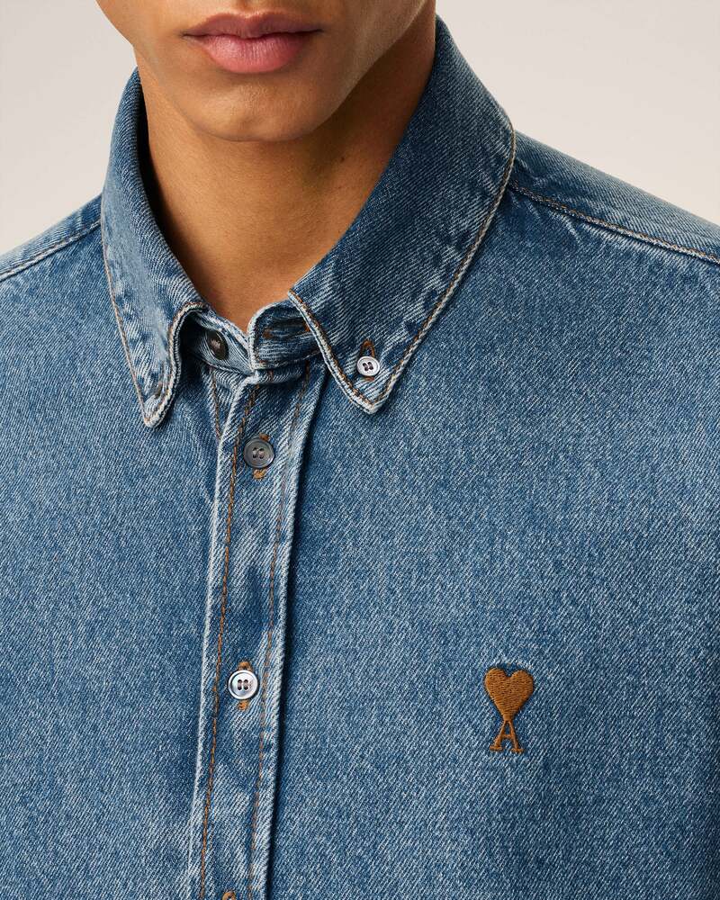 AMI - Chemise Ami de coeur en Denim Bleu usé