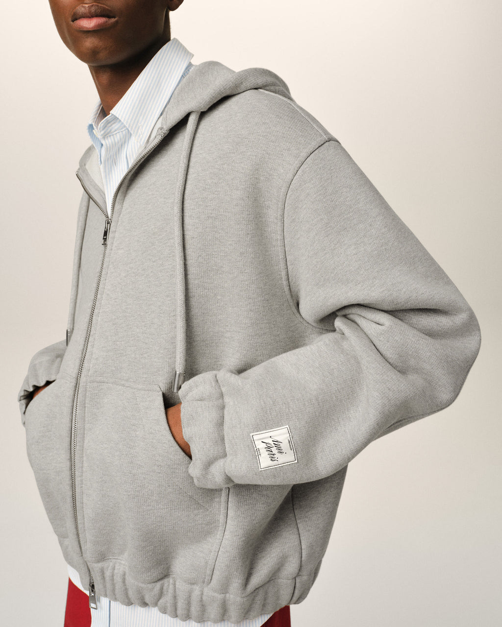AMI - Hoodie Zippé Heritage Label Gris Cendre Chiné