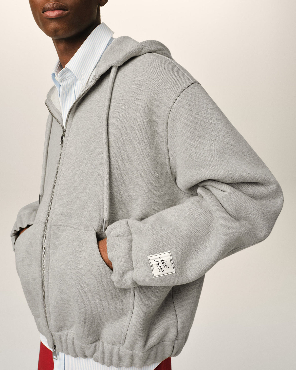 AMI - Hoodie Zippé Heritage Label Gris Cendre Chiné