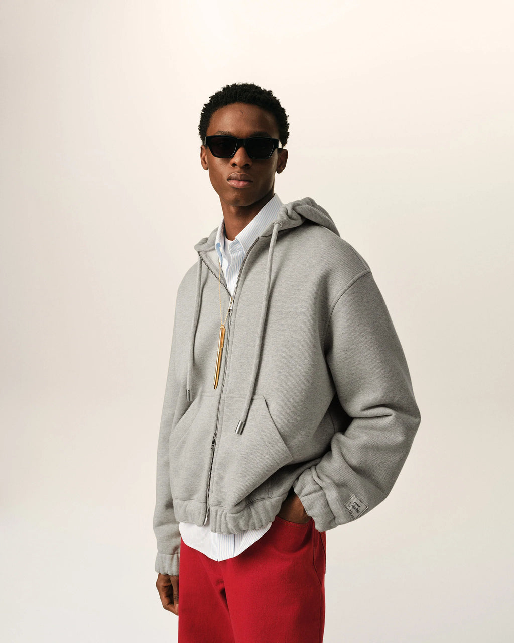 AMI - Hoodie Zippé Heritage Label Gris Cendre Chiné