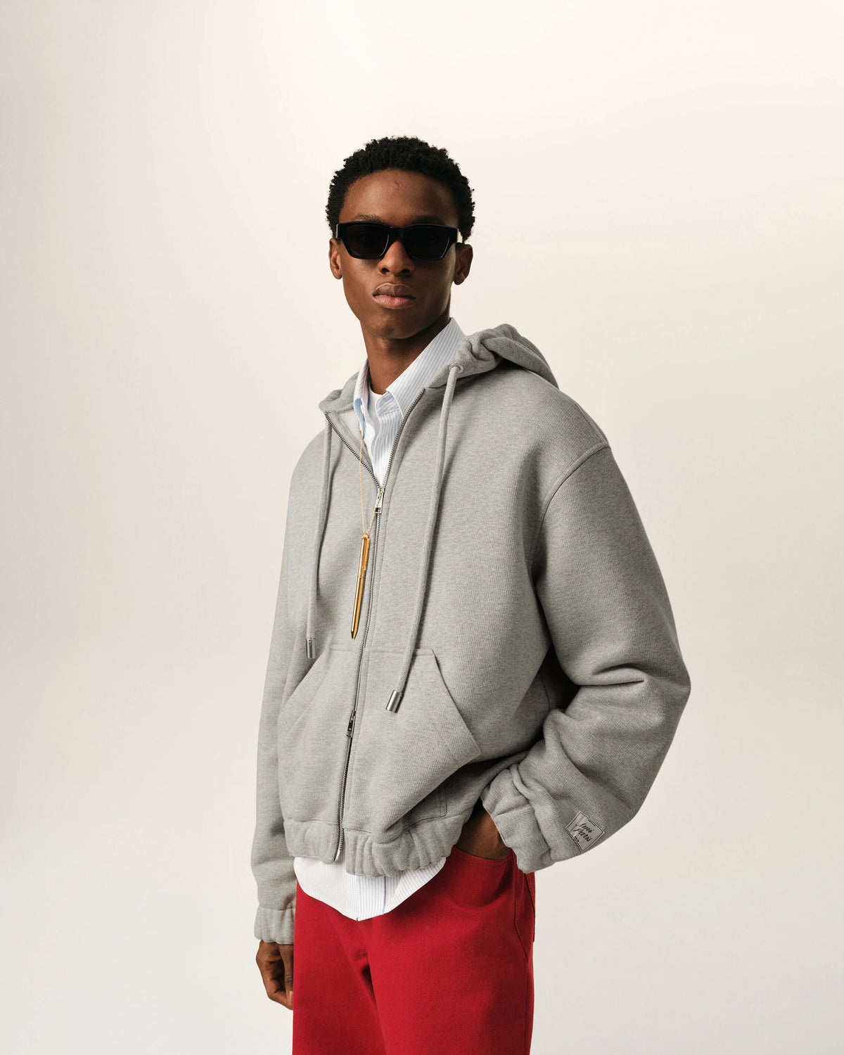 AMI - Hoodie Zippé Heritage Label Gris Cendre Chiné