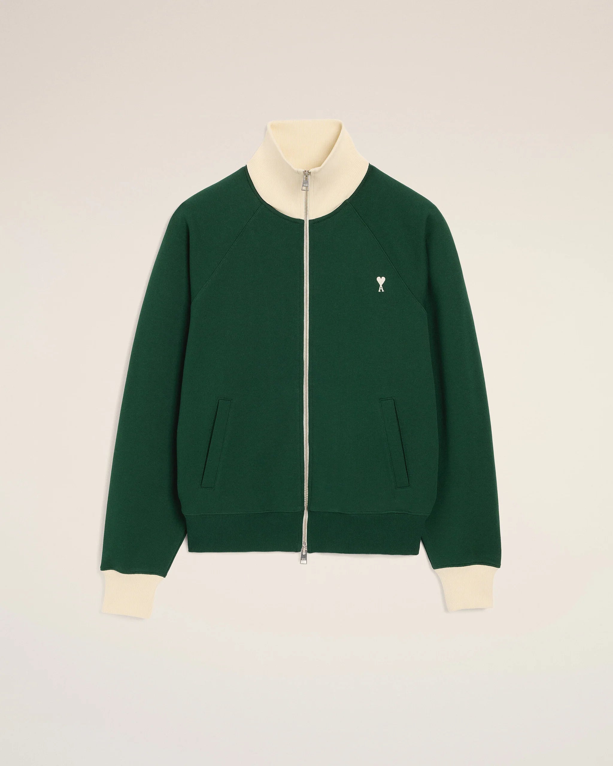 AMI - Sweat Zippé Ami de Coeur Vert Bouteille/Ivoire