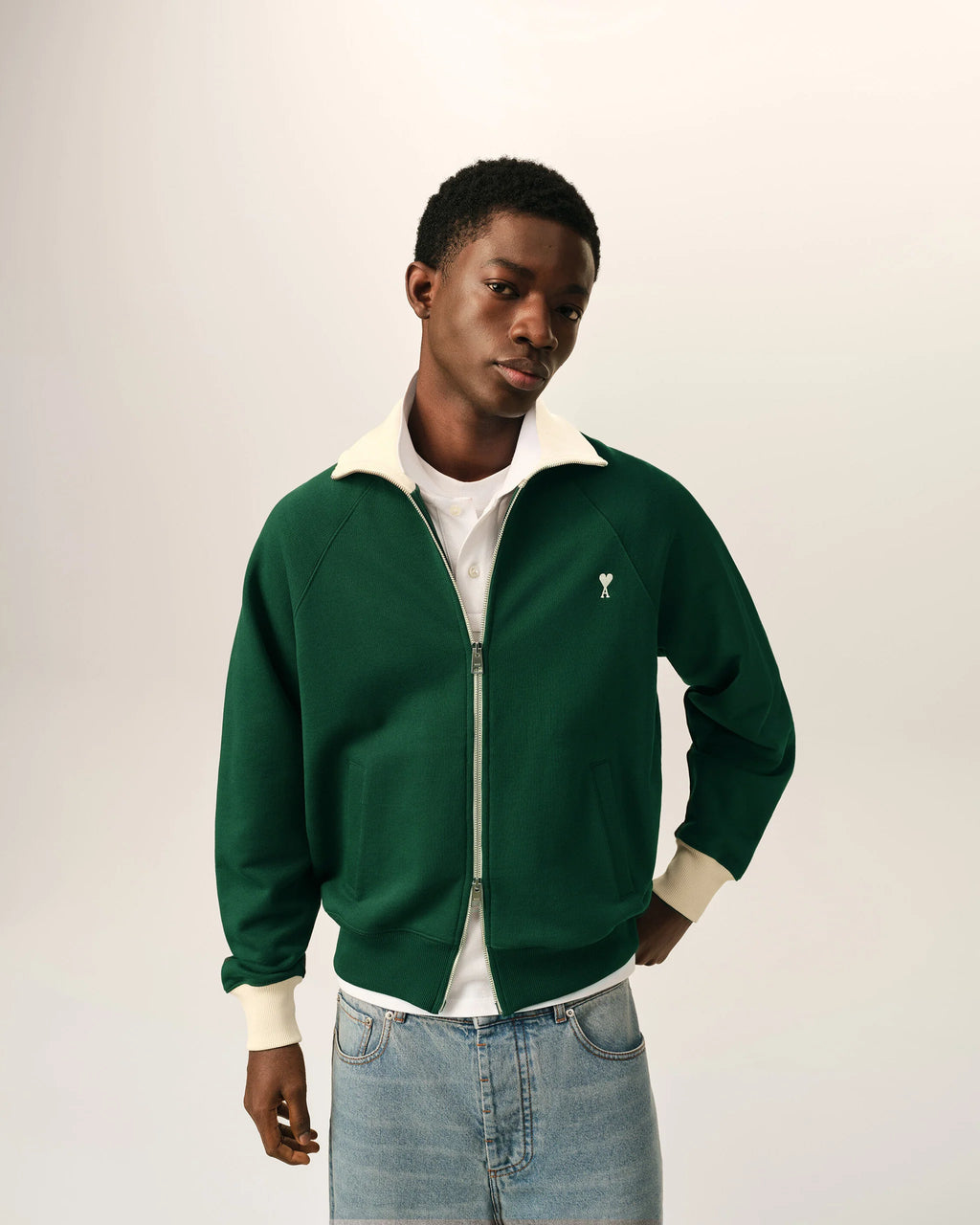 AMI - Sweat Zippé Ami de Coeur Vert Bouteille/Ivoire