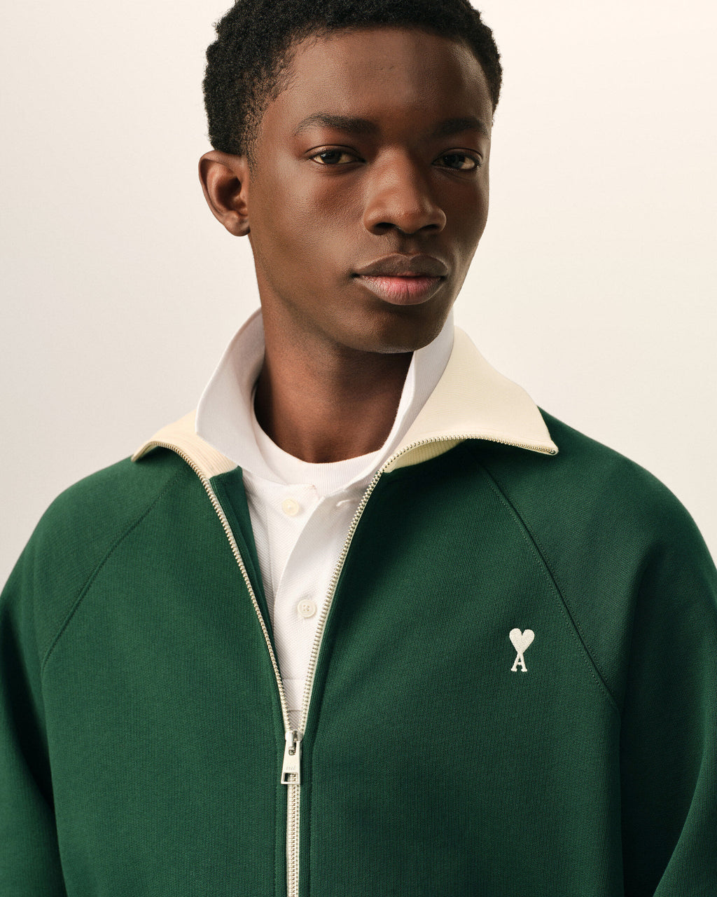 AMI - Sweat Zippé Ami de Coeur Vert Bouteille/Ivoire