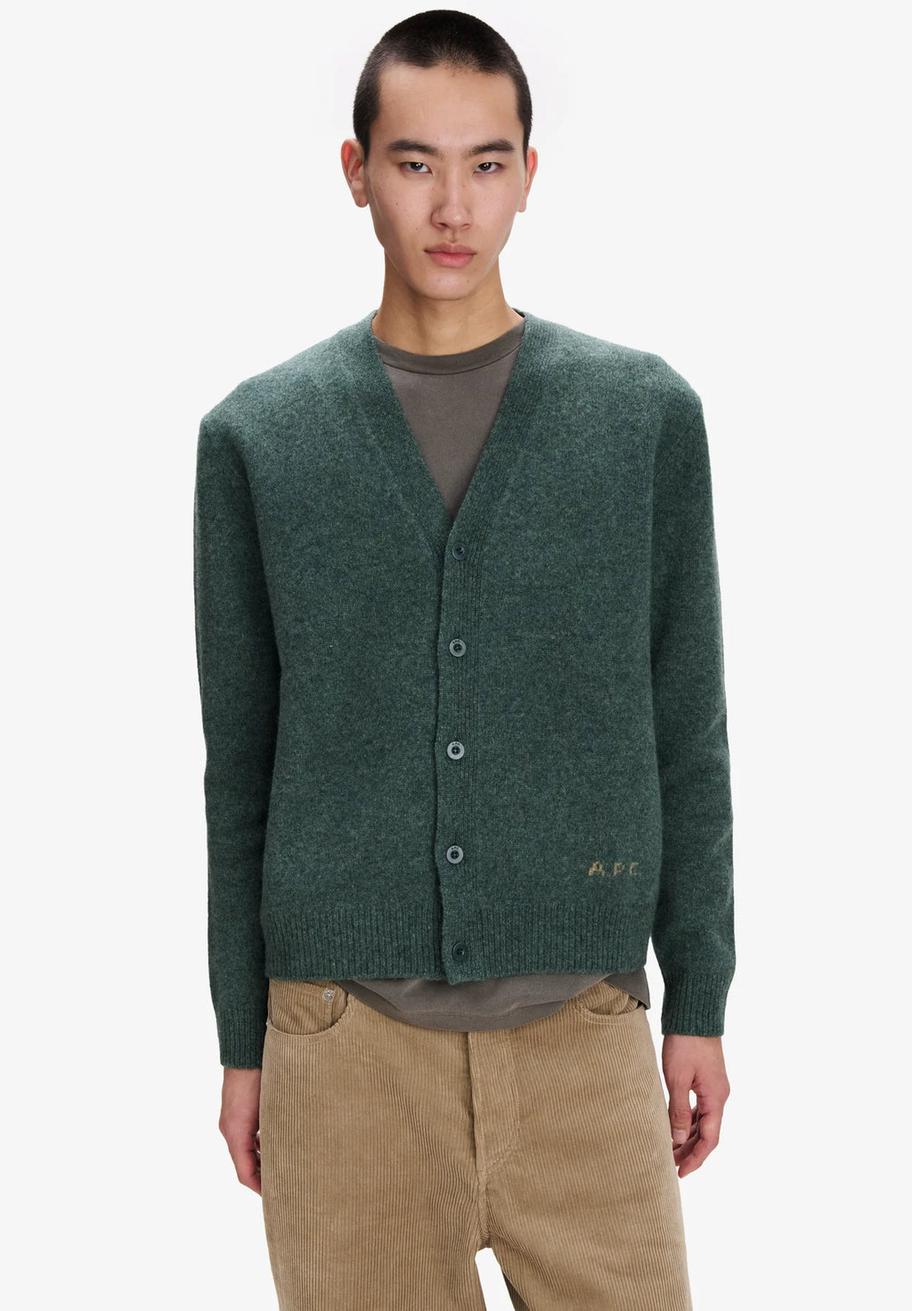 A.P.C. - Cardigan Kevin en Laine Vert Chine