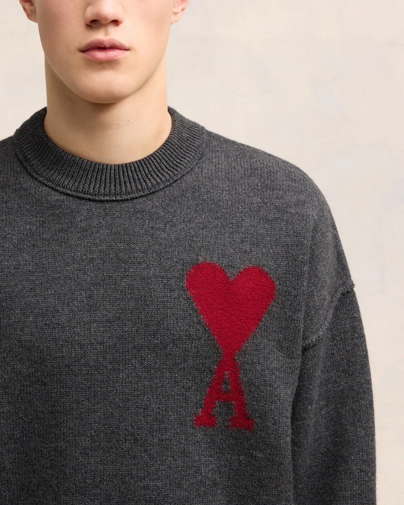 AMI - Pull col rond Ami de Coeur rouge / gris chine