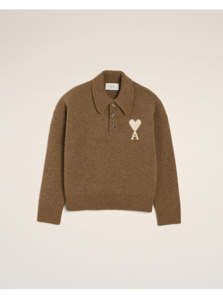AMI - Polo Ami de coeur Alpaga Noisette/Ecru