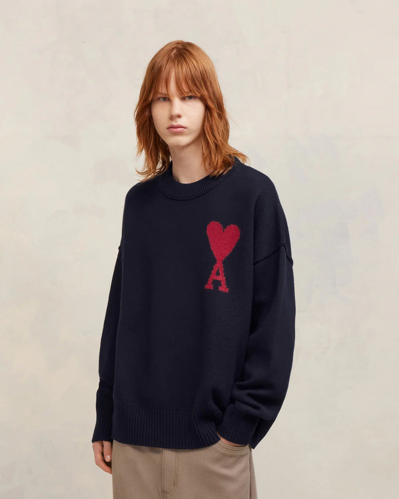 AMI - Pull col rond Ami de coeur rouge / marine