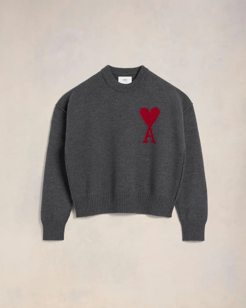 AMI - Pull col rond Ami de Coeur rouge / gris chine
