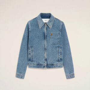 AMI - Blouson Zippé en denim Ami de Coeur Bleu usé