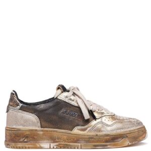 AUTRY - Basket Medalist Super Vintage en cuir et Mesh Gris Blanc et or